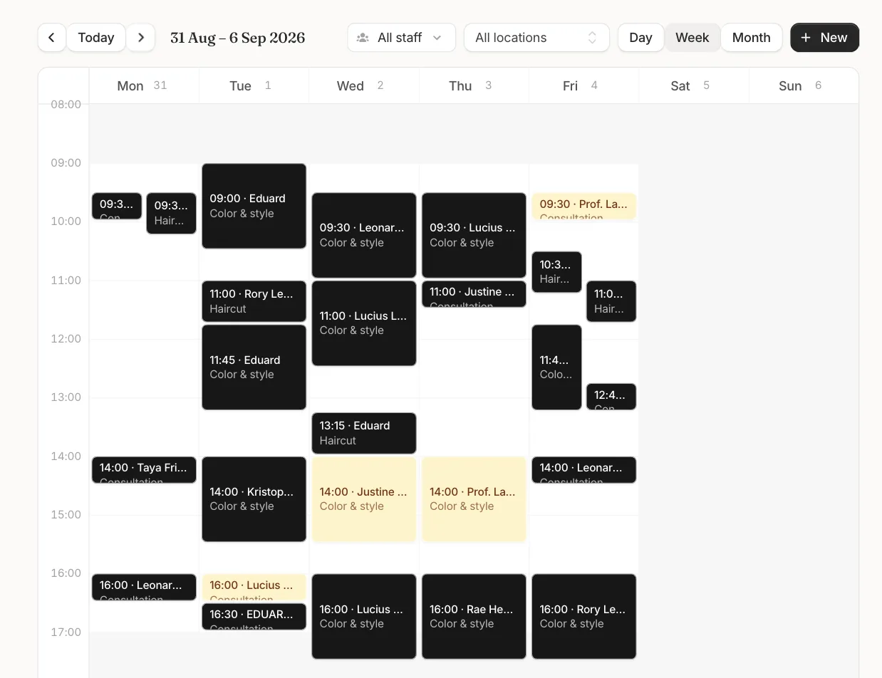The Bookify team calendar in week view, filled with appointments